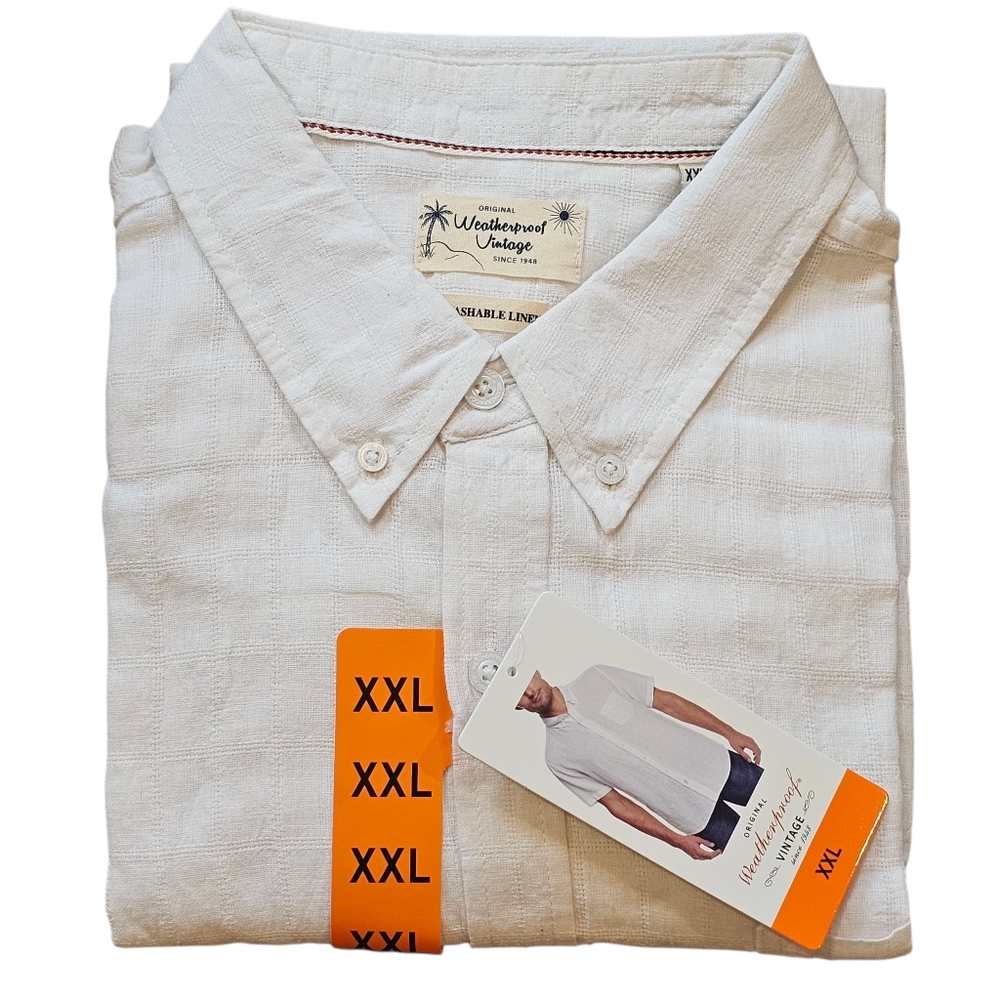 Original Weatherproof Vintage Washable Linen White Short Sleeve Shirt Size XXL